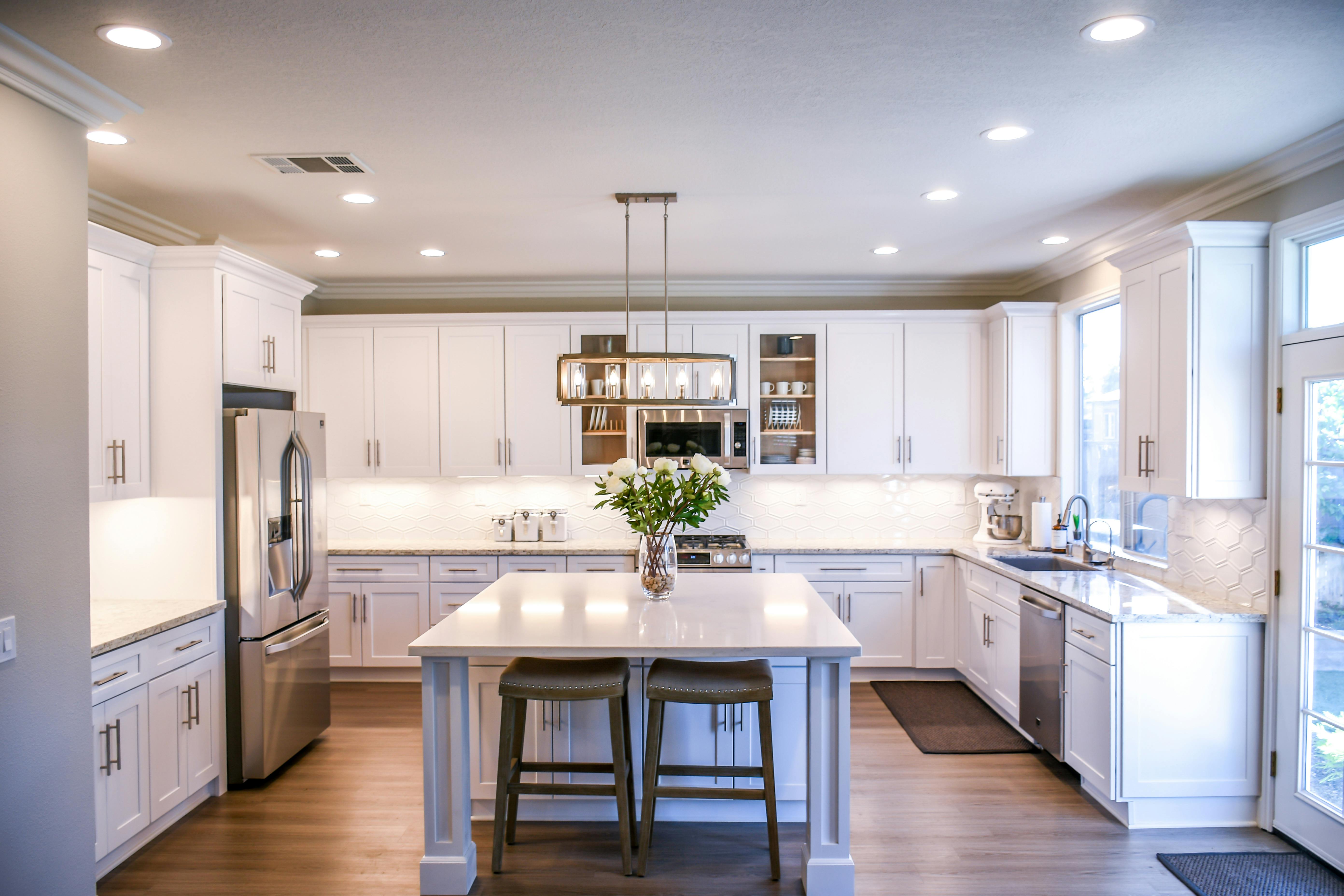 Modern kitchen with white cabinets and island