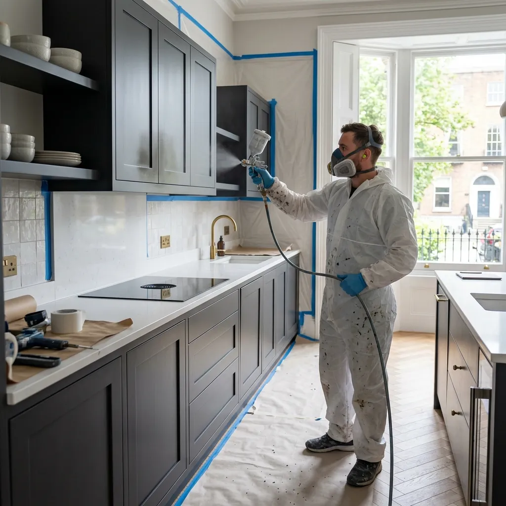 Professional kitchen cabinet spray painting in Dublin using industrial equipment